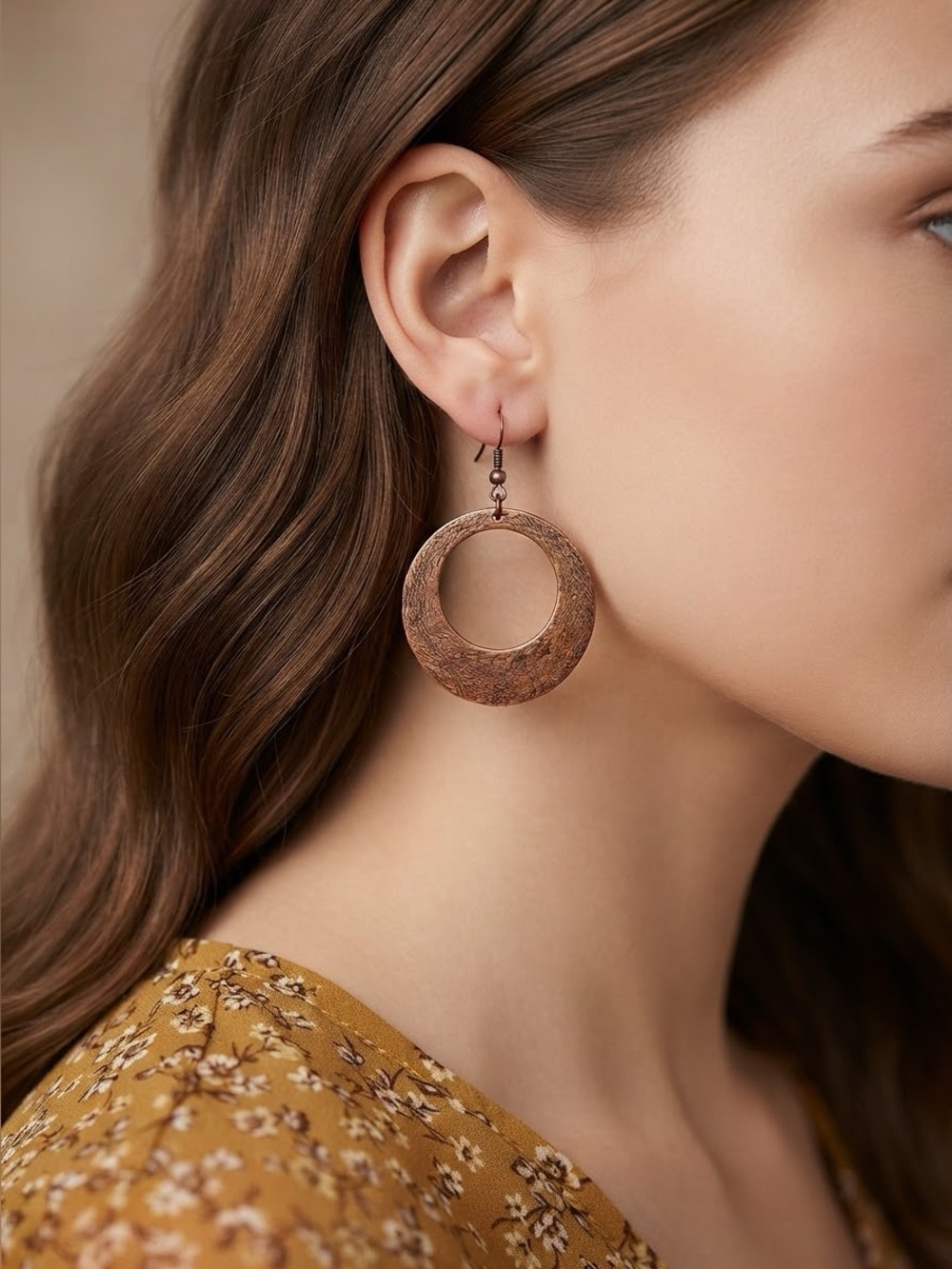 Antique Textured Crescent Hoop Earrings | Rustic Brushed Metal Dangle Earrings